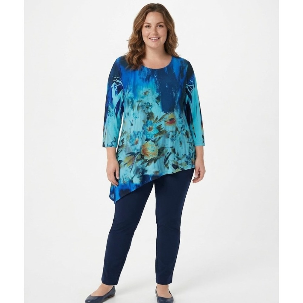 Pretty Woman Blue Floral Asymmetric Hem Stretch Embellished Pullover Tunic XL
